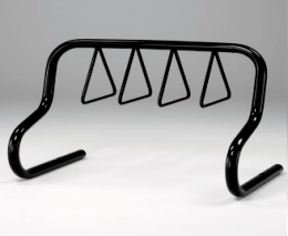 A black, metal, freestanding bike rack featuring a curved top bar and four triangular securing loops